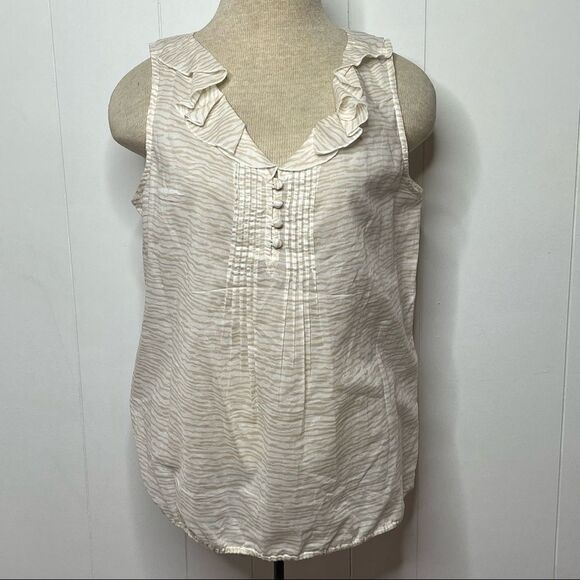 LOFT Pintucked Ruffle Collar Sleeveless Blouse Top Ivory Tan Animal Stripe MP - Picture 1 of 5